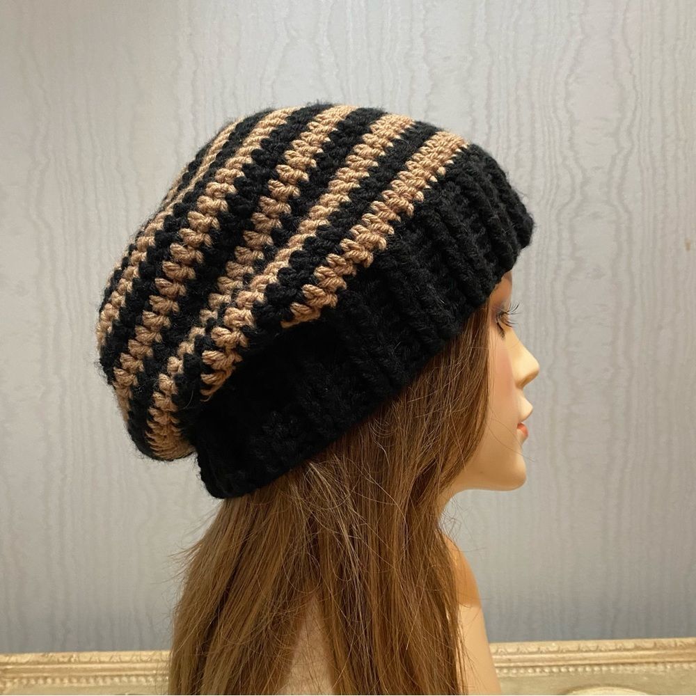 Hand Crafted Black & Tan Striped Slouchy Knit / Crochet Beanie Hat